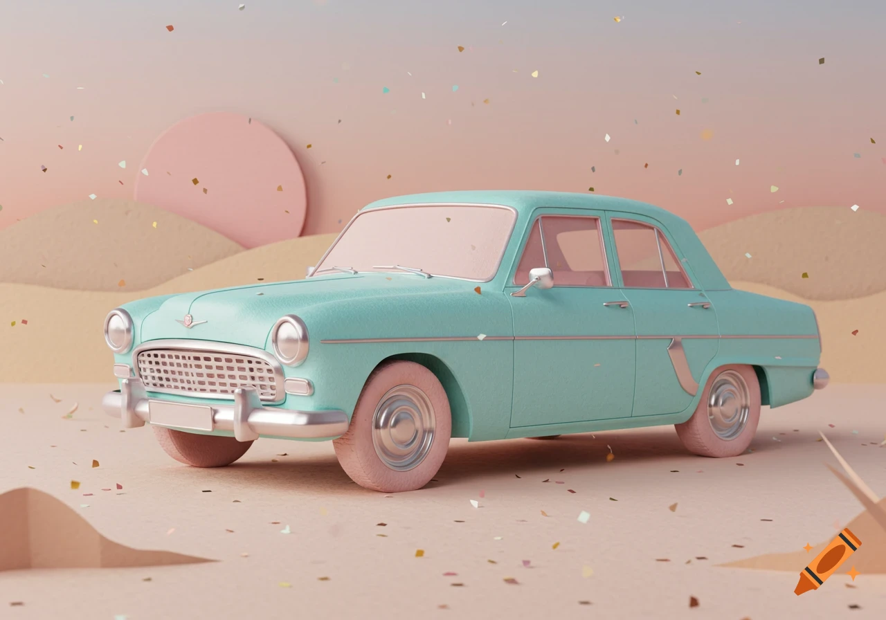 A stylized turquoise vintage car with pink tires and accents in a pastel papercraft desert scene with falling confetti.