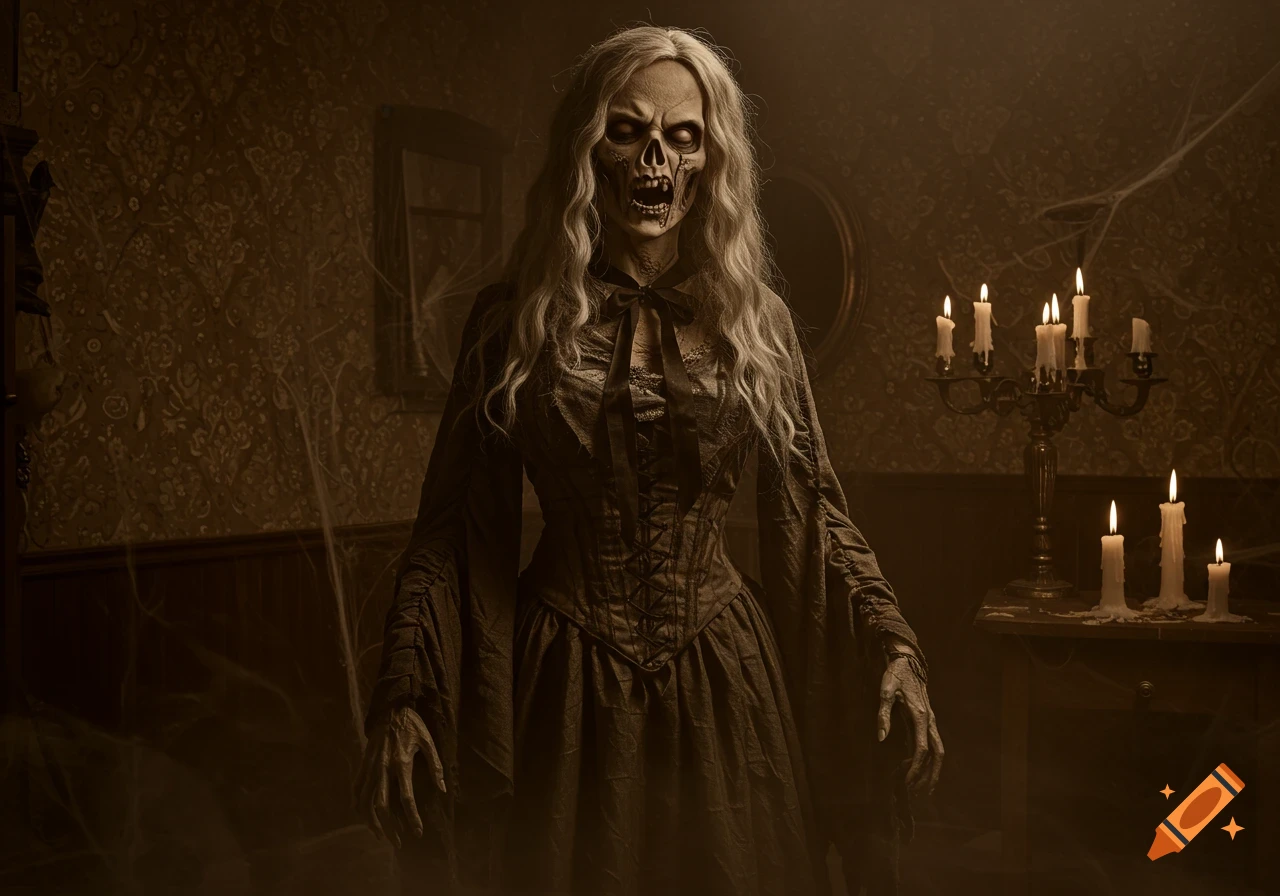 A photorealistic, sepia-toned zombie woman with long white hair and a decaying face stands in a dark, spiderweb-filled room with lit candles.