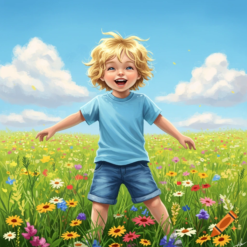 Happy blonde child with open arms in a vibrant field of colorful wildflowers under a sunny blue sky, cartoon illustration.