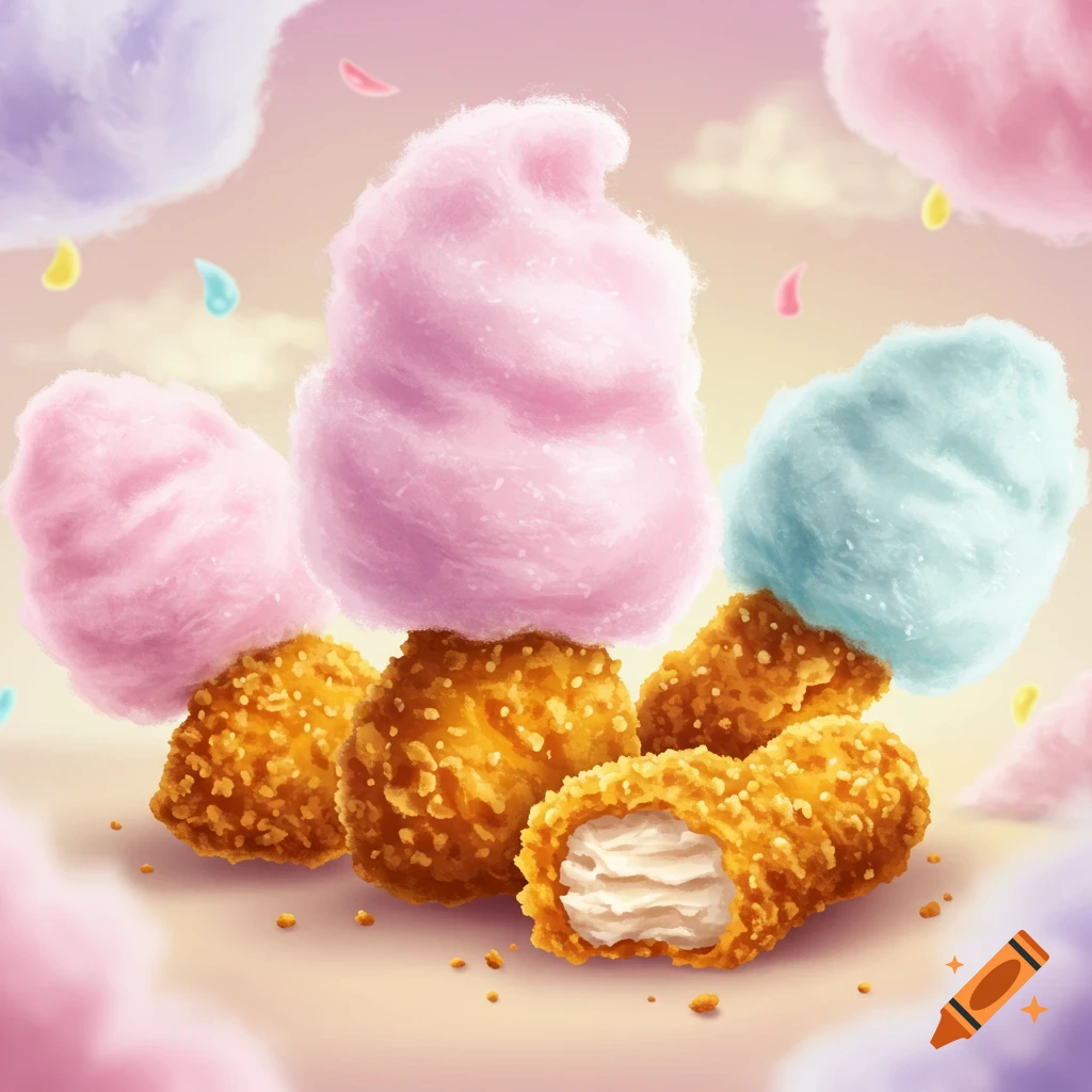 A whimsical image of pastel pink, blue, and purple cotton candy clouds floating above golden-fried nuggets, one cut open.