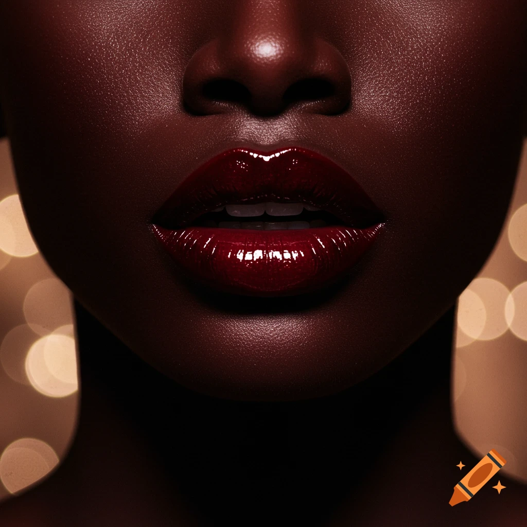 Close-up of a person's dark skin and glossy dark red lips against a blurred bokeh background.