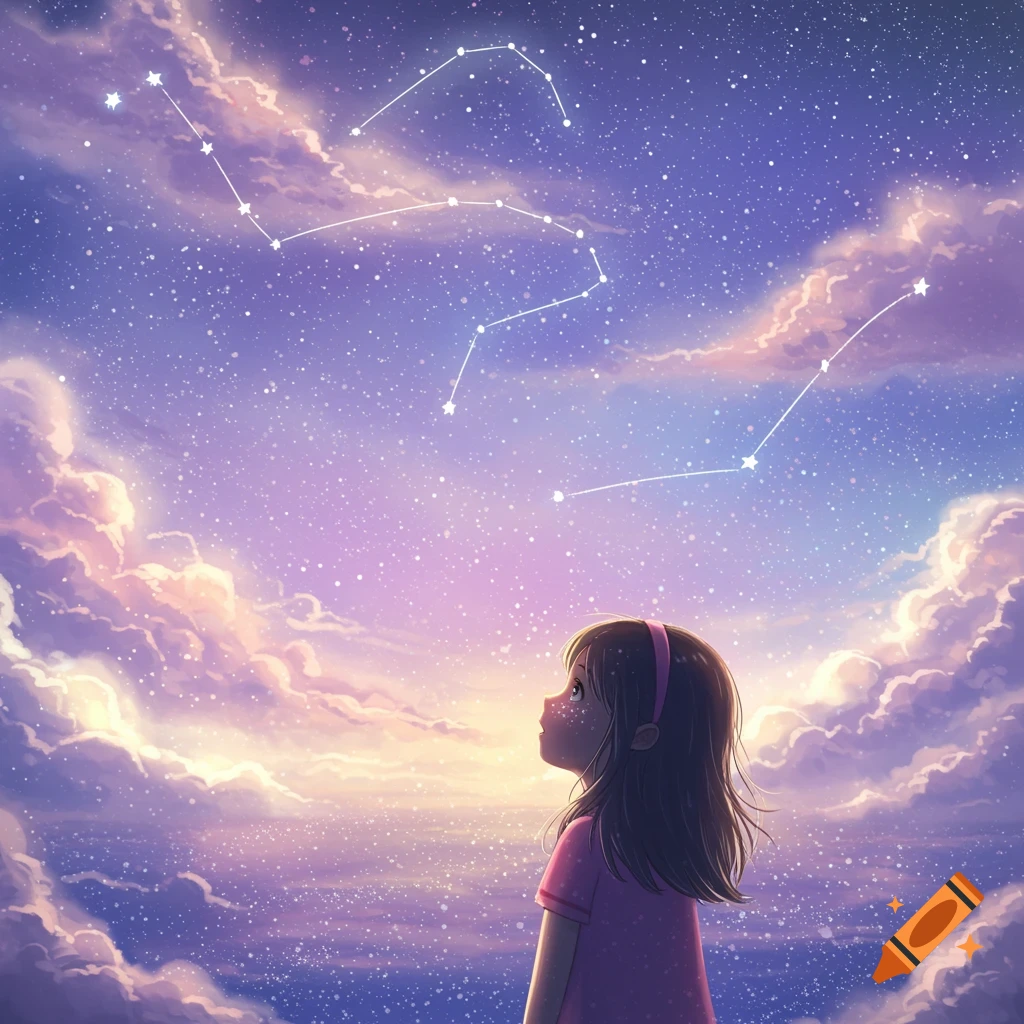 Anime-style girl looks up at a vibrant purple and blue starry night sky with constellations and pink clouds.