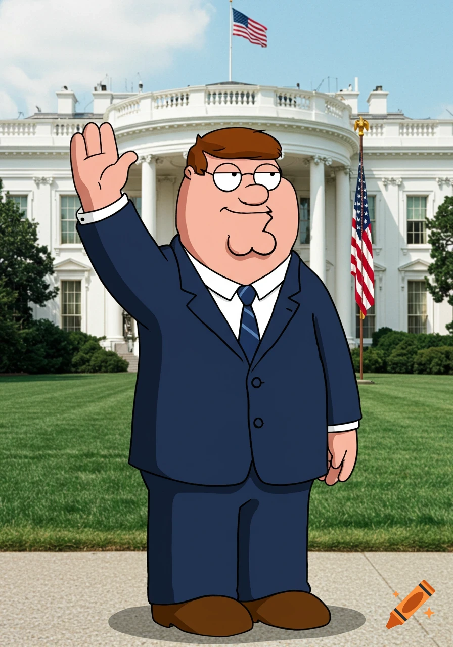 Peter Griffin from Family Guy, wearing a blue suit, waves in front of the White House.