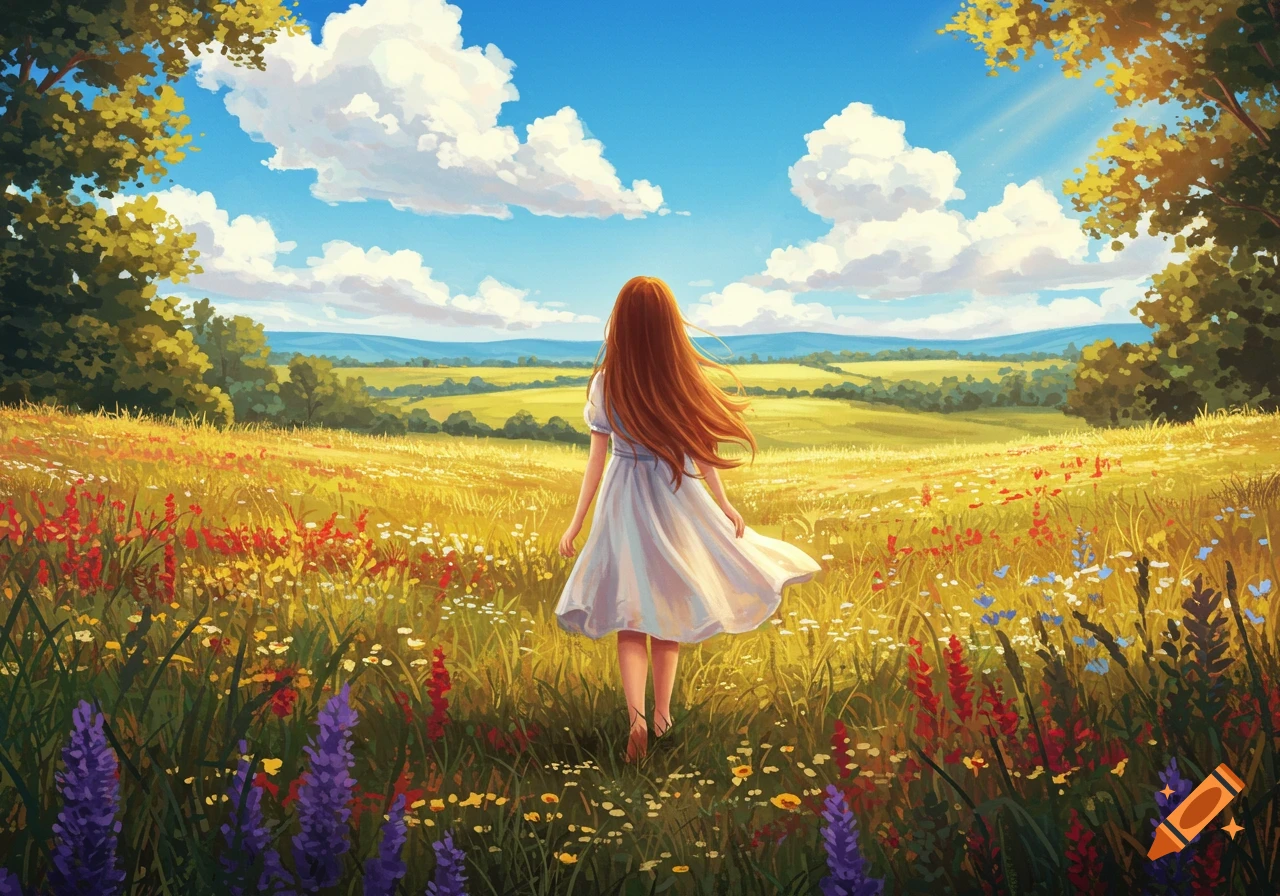 A girl with long reddish-brown hair in a white dress walks through a sunlit field of colorful wildflowers, illustrative style.