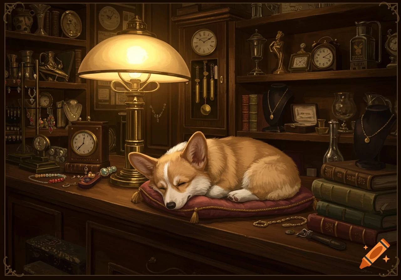 A cute corgi dog sleeps soundly on a red pillow on a wooden counter in a dimly lit, antique-filled shop with a glowing lamp.