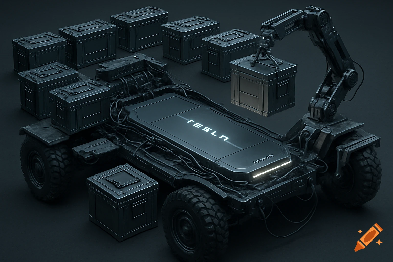 A futuristic, dark grey military vehicle with a Tesla battery pack, robotic arm, and ammunition boxes. Industrial design style.