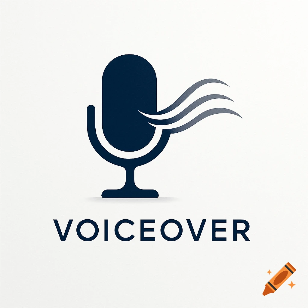 A minimalist logo featuring a dark blue microphone icon with sound waves emanating, and the word VOICEOVER below.