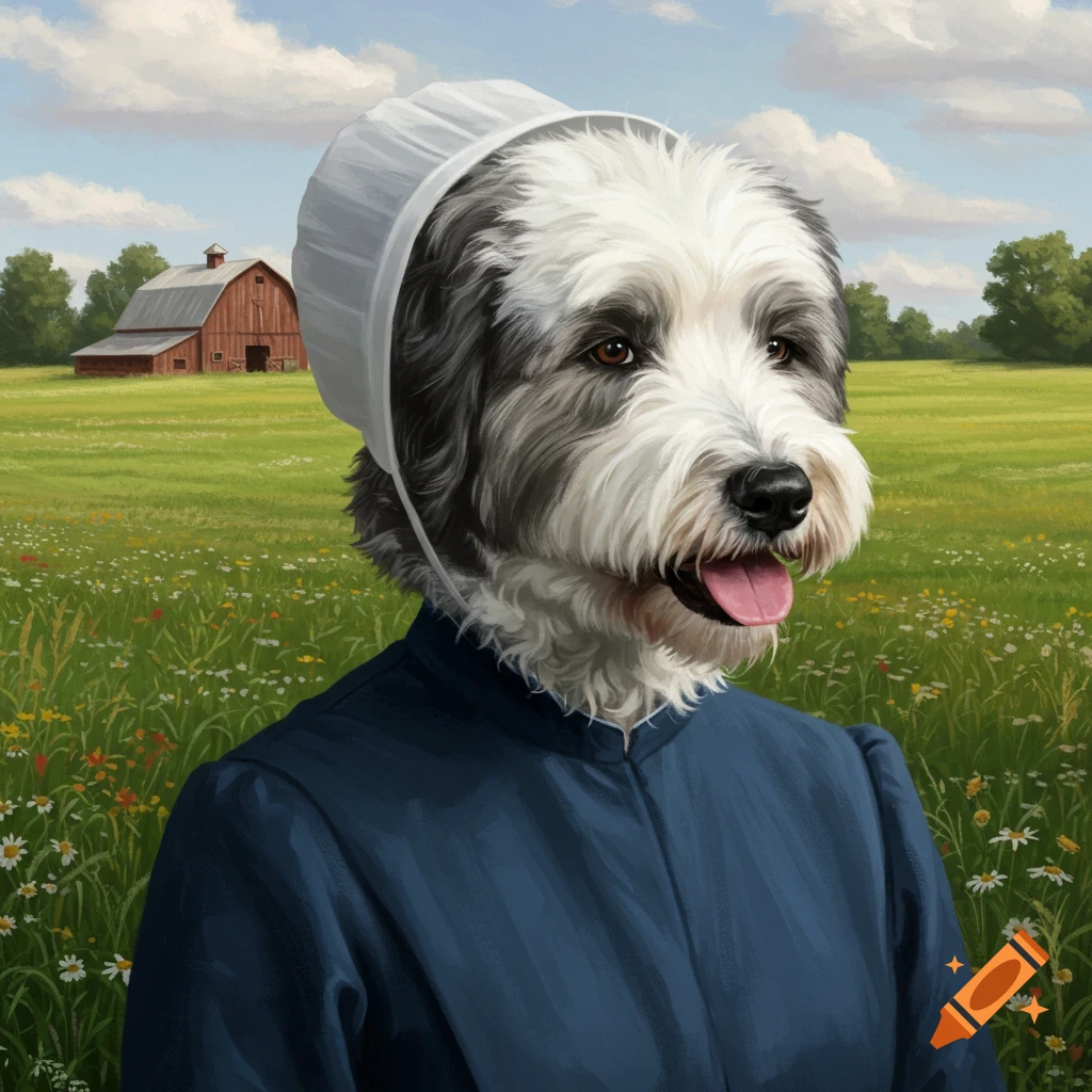 An Old English Sheepdog's head on an Amish woman's body, wearing a bonnet and blue dress, standing in a field with a red barn.