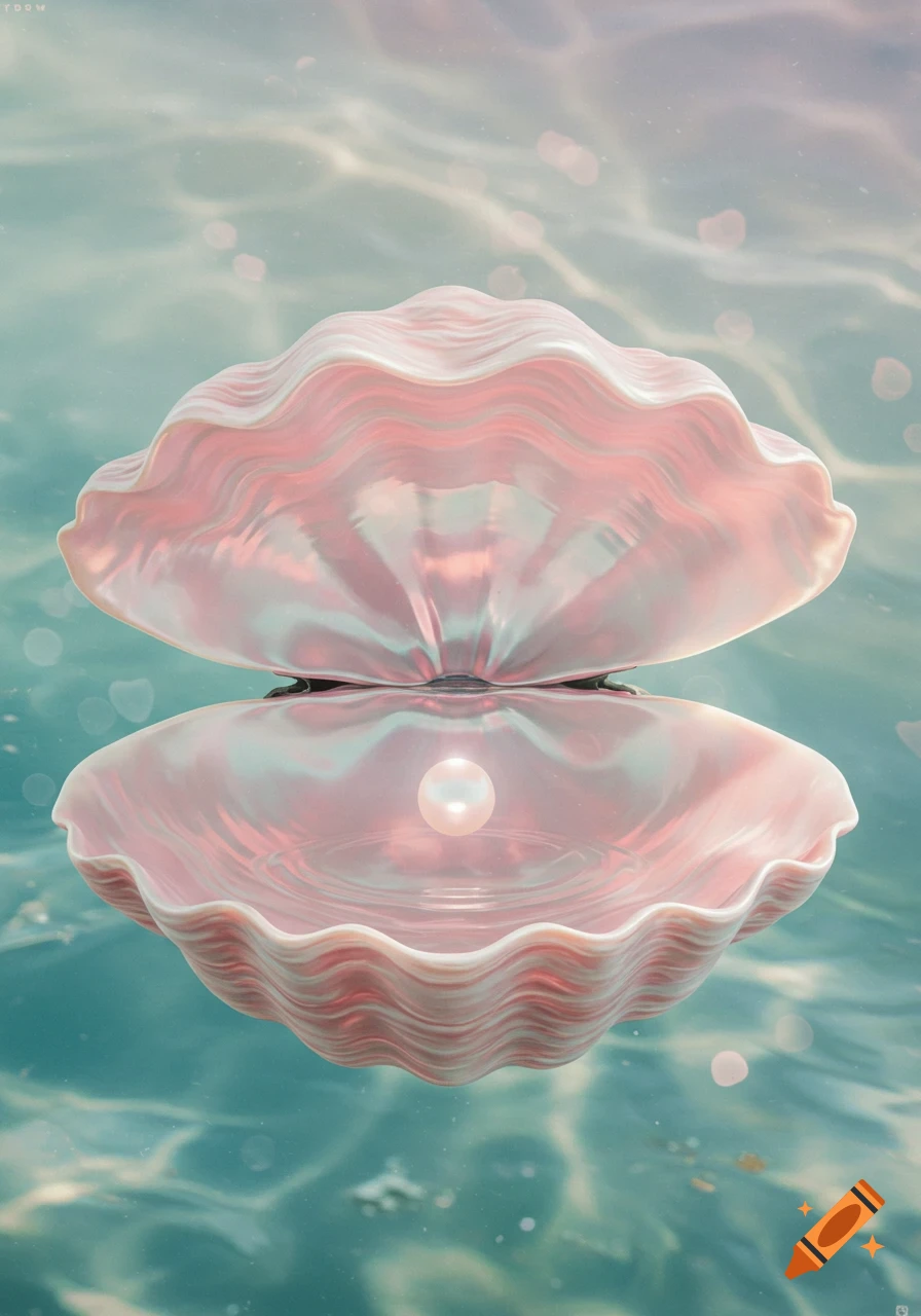 A pearlescent pink open clam with a single white pearl inside, floating under shimmering blue-green water.