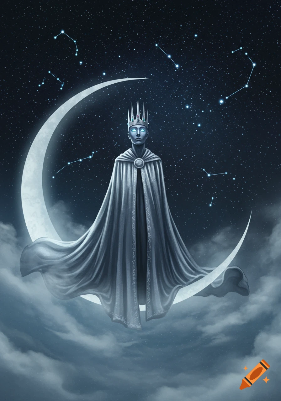 A stylized king with glowing eyes, a crown, and a flowing cape sits on a crescent moon in a starry night sky with constellations.