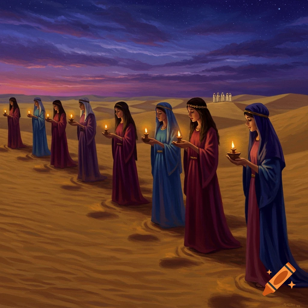 A painting of several women in long robes holding oil lamps, standing in a line across a desert landscape at dusk with a starry sky.