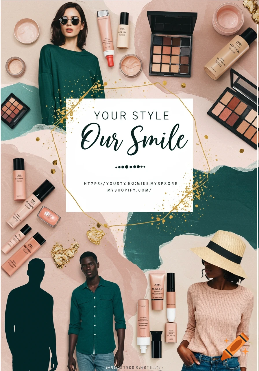 A collage of fashion models and cosmetics against a background of abstract pastel and teal shapes with gold glitter accents. The text 'YOUR STYLE Our Smile' is centrally displayed.