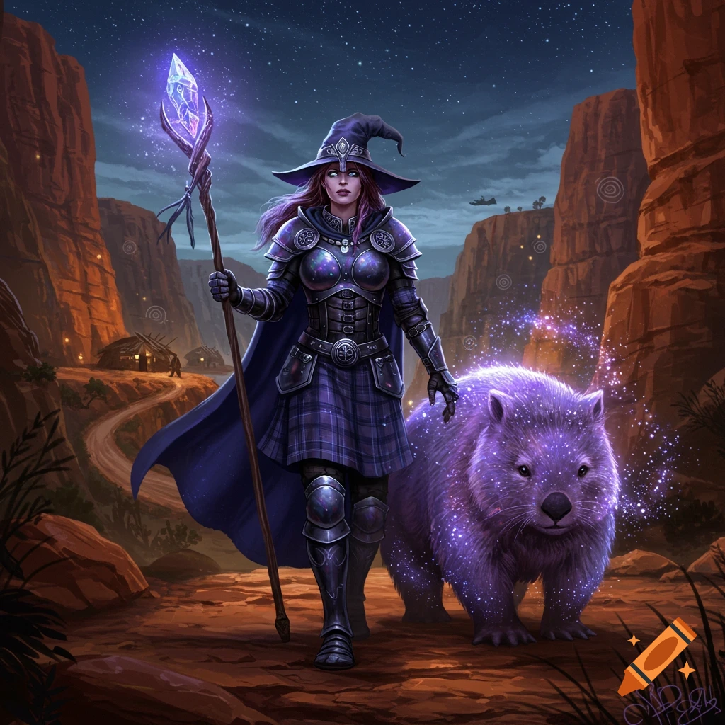 An armored witch with a glowing crystal staff walks beside a sparkling purple wombat spirit through an Australian canyon under a starry night sky.