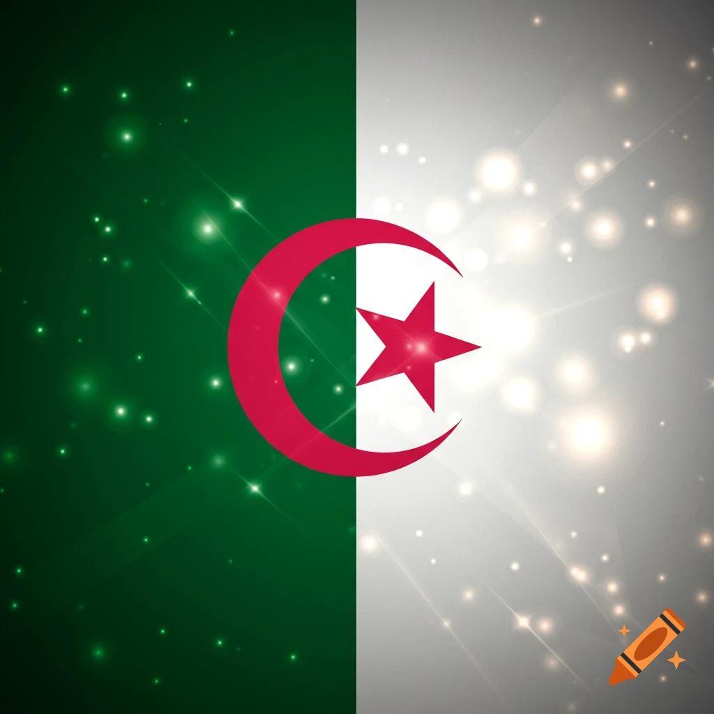 Stylized Algerian flag with a red crescent moon and star, set against a sparkling green and white background.