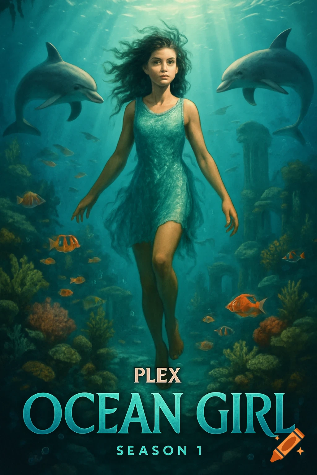 Stylized poster of a young woman in a dress floating underwater with two dolphins, coral, fish, and sunken ruins. Text reads PLEX OCEAN GIRL SEASON 1.
