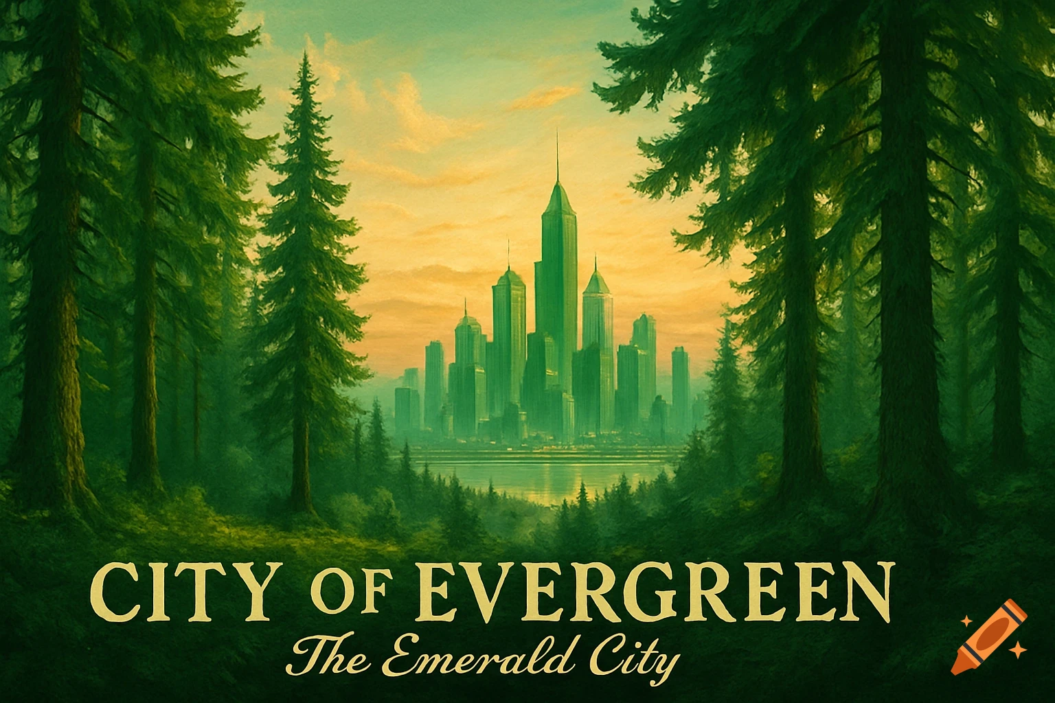 A vibrant green city with skyscrapers nestled among tall evergreen trees, with 'CITY OF EVERGREEN The Emerald City' text.