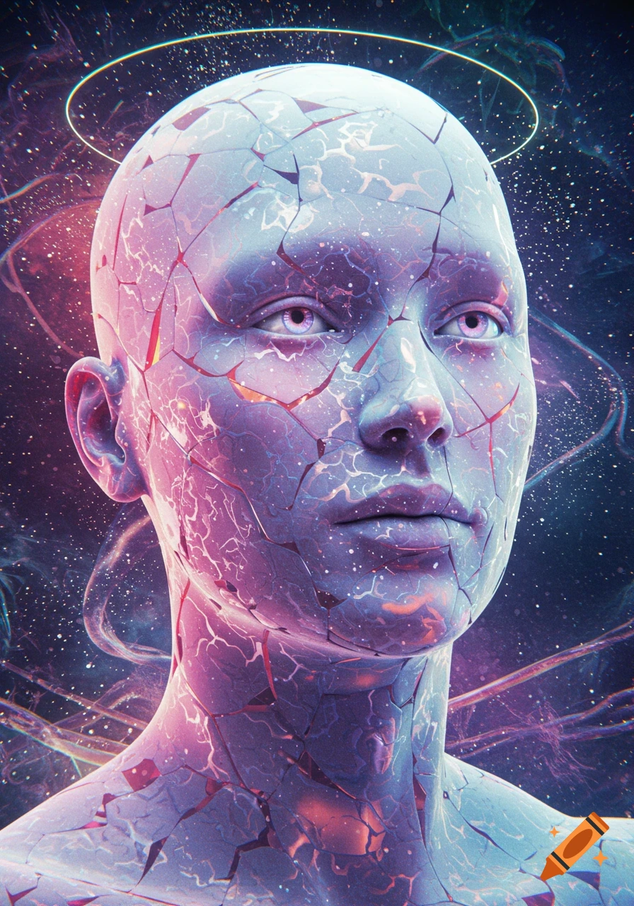 Close-up of a human head with a cracked, fractured surface, glowing with purple and pink light against a dark, cosmic background.