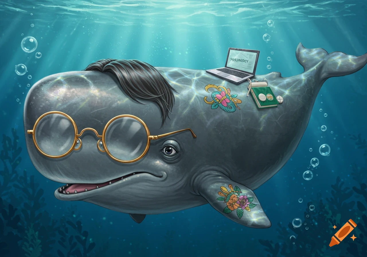 An anthropomorphic cartoon whale with round glasses, black hair, and tattoos, has a laptop and a pill bottle on its back, swimming underwater.