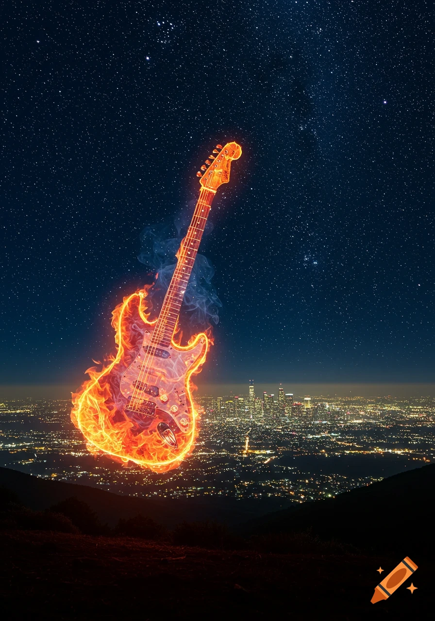 A fiery electric guitar floats above a city skyline at night, beneath a clear, star-filled sky. Photorealistic.