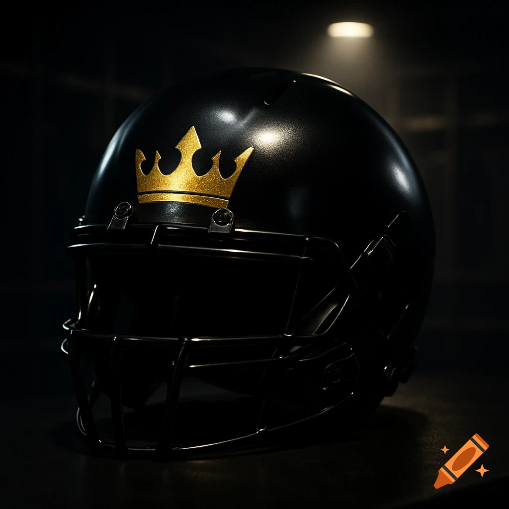 A black football helmet with a gold crown logo on the side, illuminated by a spotlight in a dark setting.