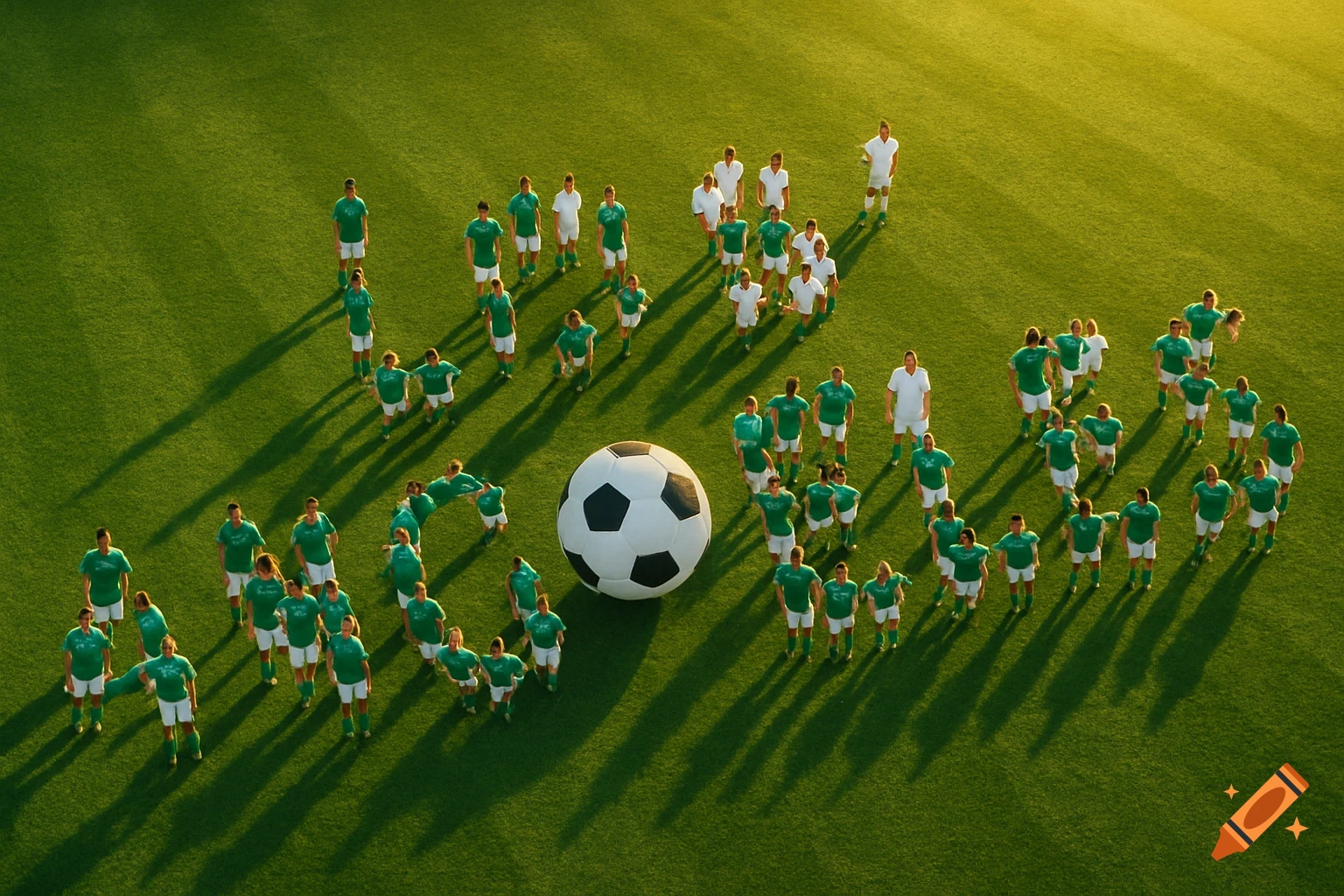 Aerial view of soccer players in green and white uniforms spelling out 'Los Angeles' on a green field, with a large soccer ball as the 'o'.