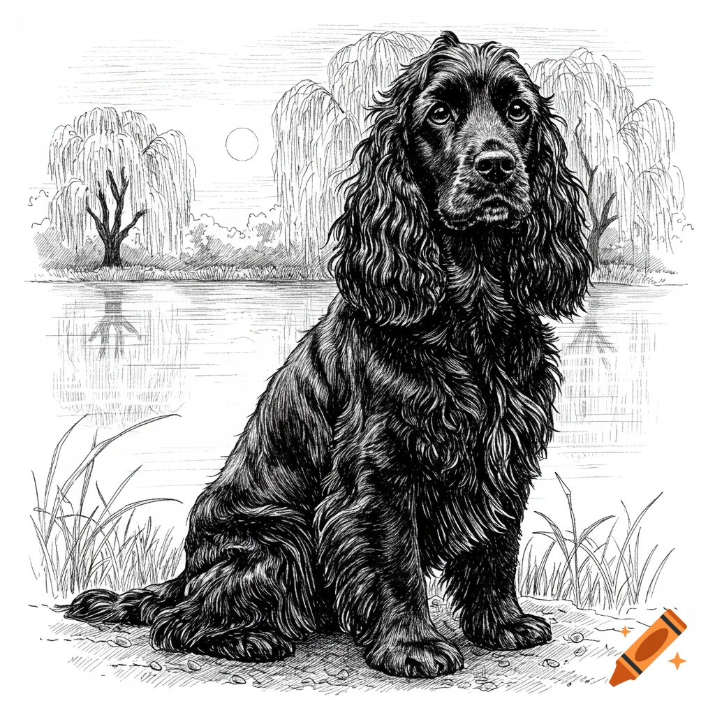 Black and white ink drawing of a black cocker spaniel sitting by a lake with willow trees under a moon.