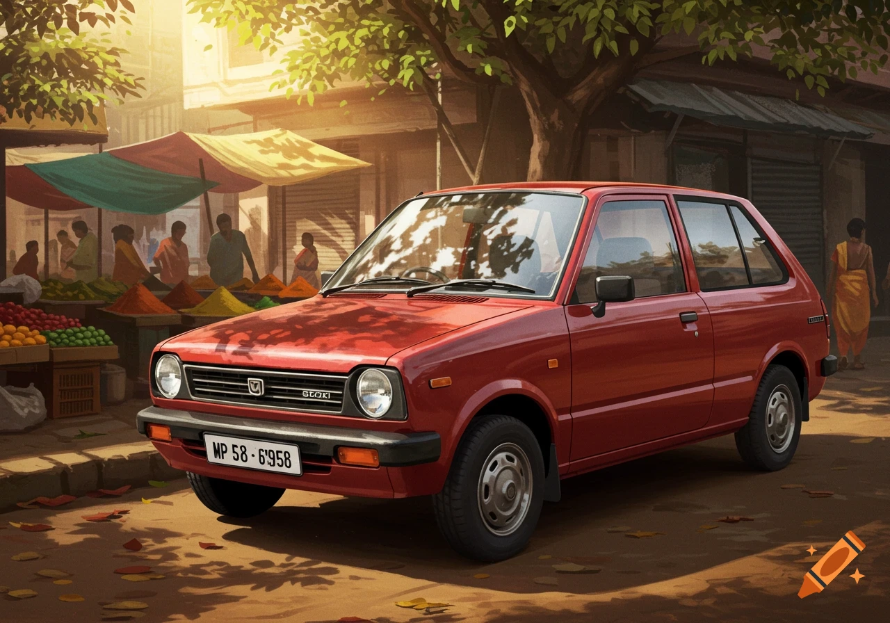 A red vintage Maruti Suzuki 800 car parked on a sunlit street next to a bustling market with colorful spice stalls and people.