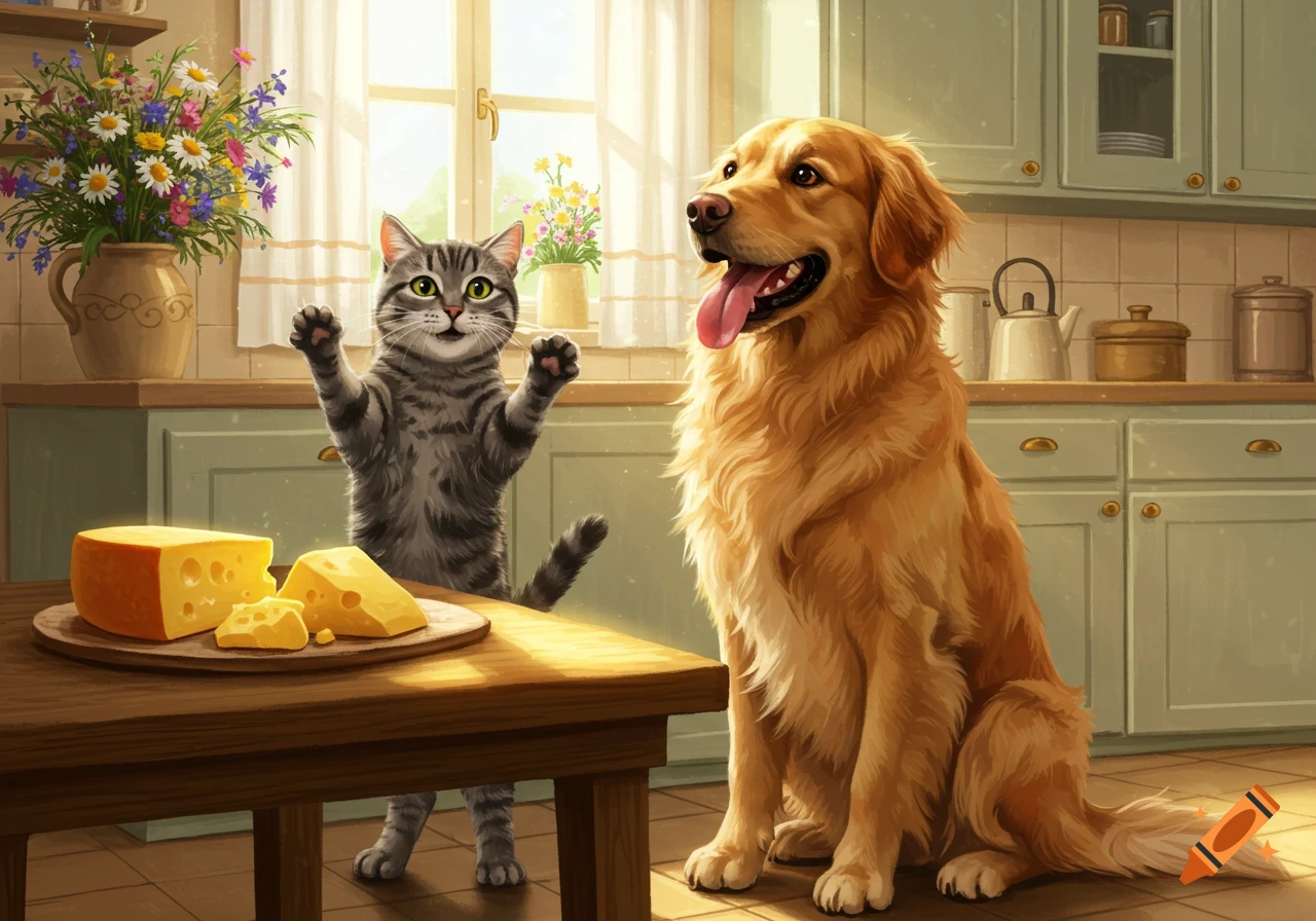 A tabby cat stands on two legs by a kitchen table with paws up, looking at cheese next to a golden retriever.