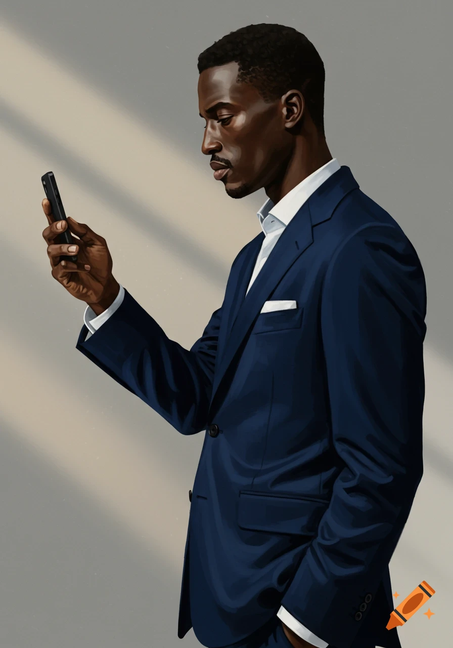 Side view of a professional Black man in a navy suit looking at his smartphone, digital painting.