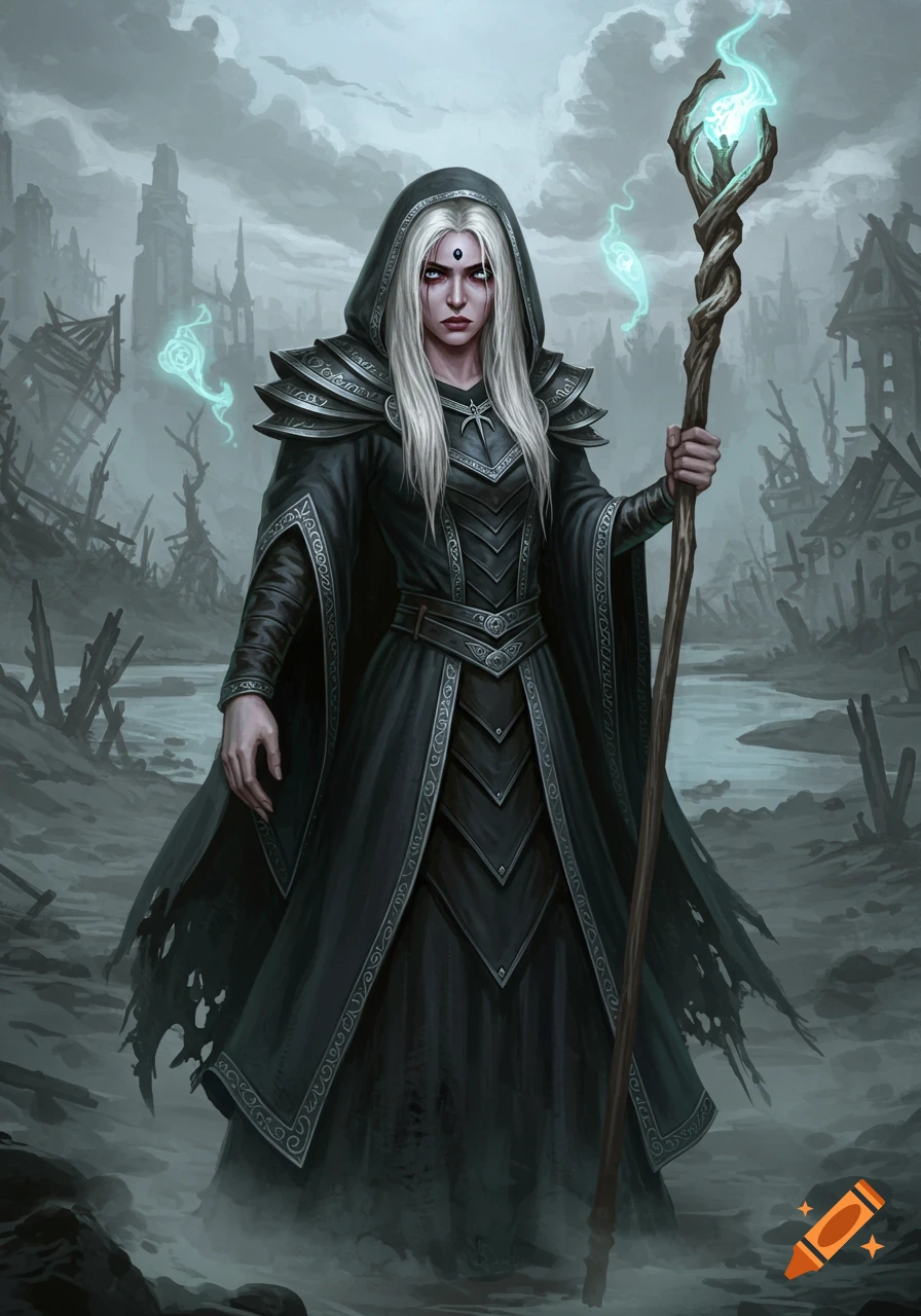 White-haired female sorcerer with glowing staff in a ruined, misty landscape, digital art.