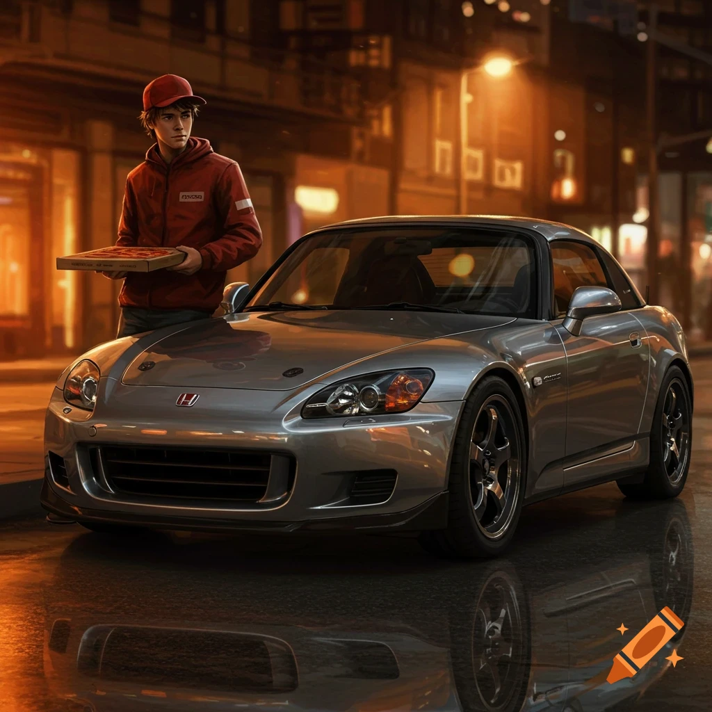 A pizza delivery boy in a red cap and jacket holds a pizza box next to a silver Honda S2000 on a wet city street at night.