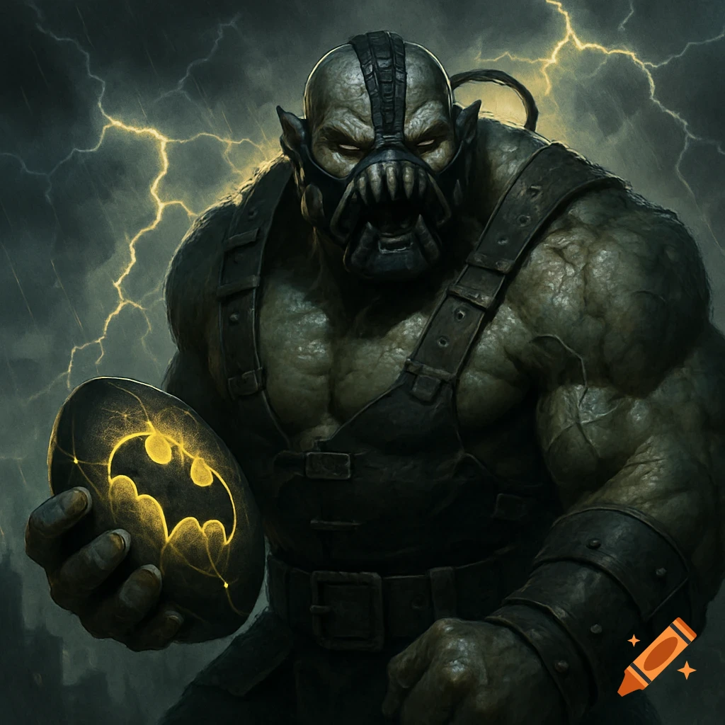 A muscular, ogre-like Bane in a mask and straps holds a glowing rugby ball with a Batman symbol against a stormy, lightning-filled sky.