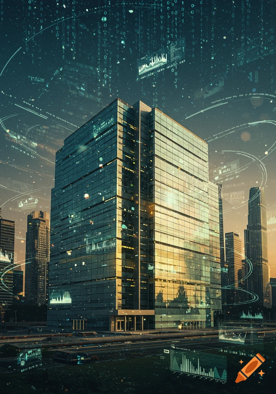 A modern glass skyscraper with digital data streams and graphs overlaying the city sky and reflecting on the building at sunset, symbolizing a data warehouse.