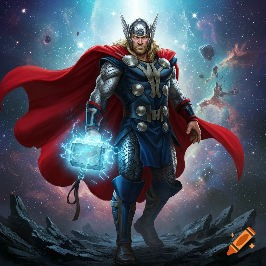 Thor in vibrant red and blue armor with a winged helmet, holding Mjolnir with electricity, standing on a rocky planet in space.