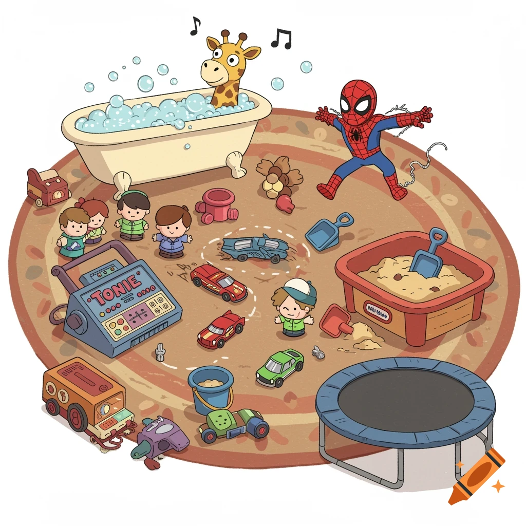 Cartoon illustration of various children's toys on a rug, including a giraffe in a bathtub, Spider-Man, cars, a sandpit, and a Toniebox.