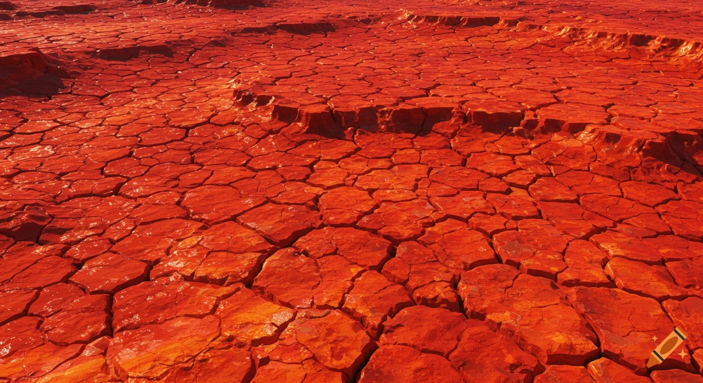 Vast, cracked red desert landscape under a harsh light, resembling dried earth or badlands.