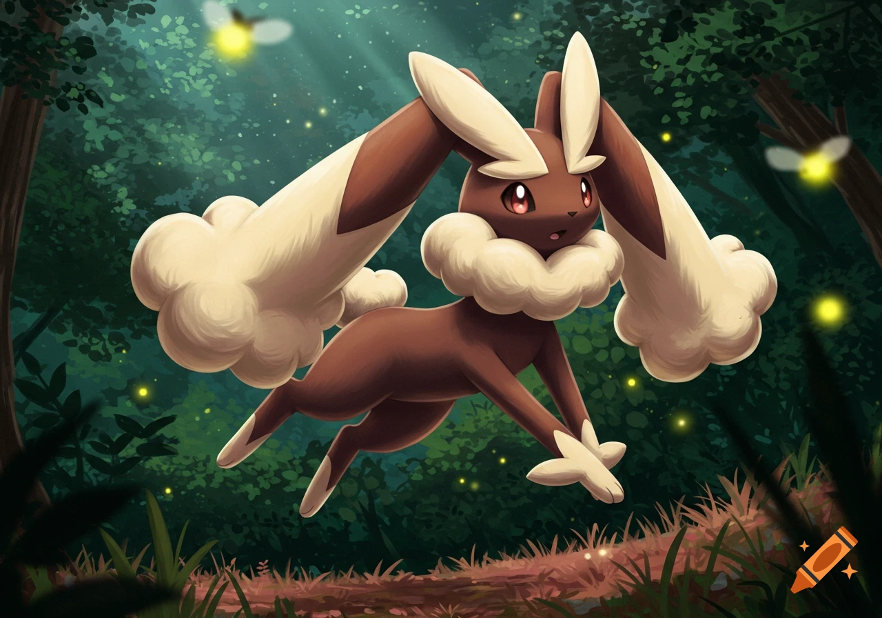Lopunny, a brown and white Pokémon, leaps through a dark, enchanted forest illuminated by glowing fireflies.