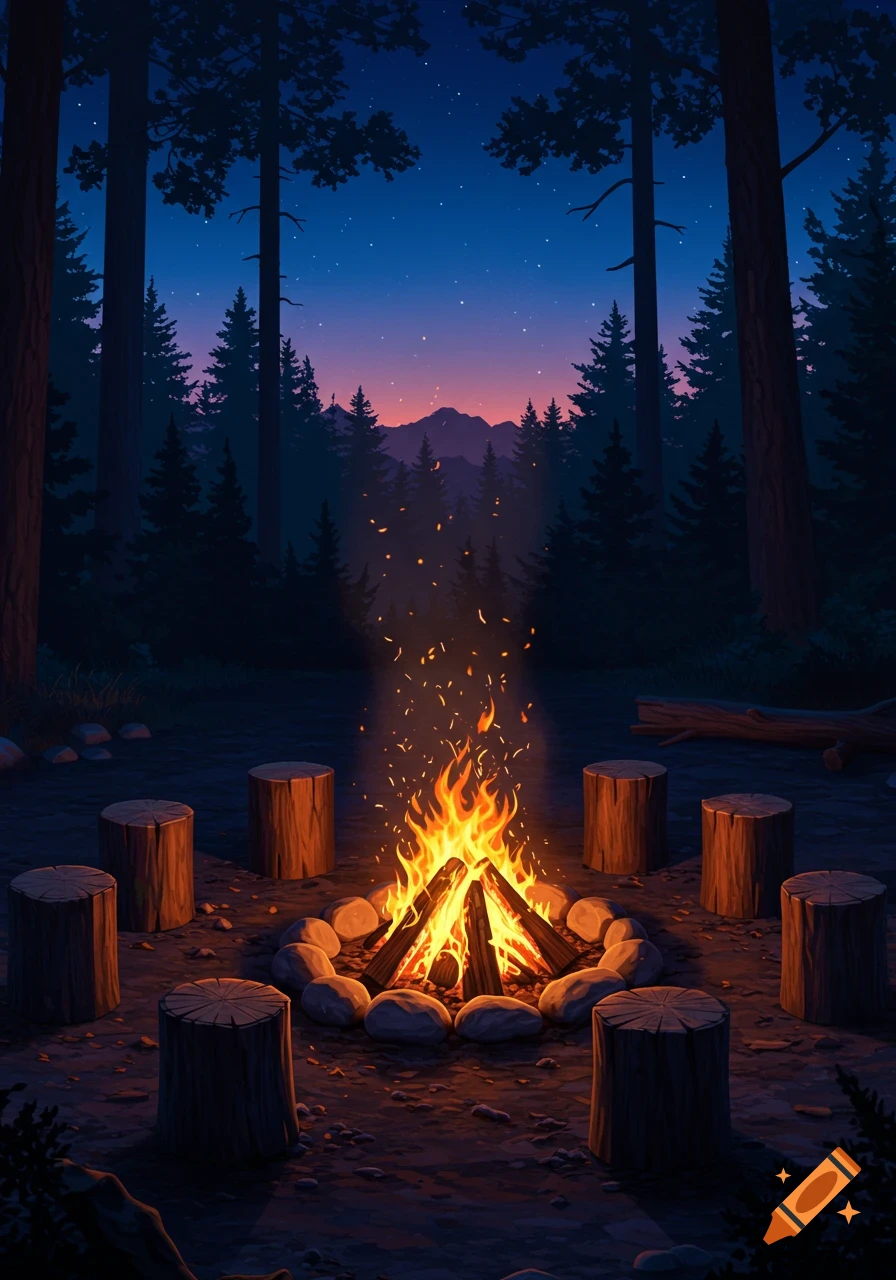 Illustration of a bright campfire surrounded by log seats in a dark forest at night, with a starry sky.