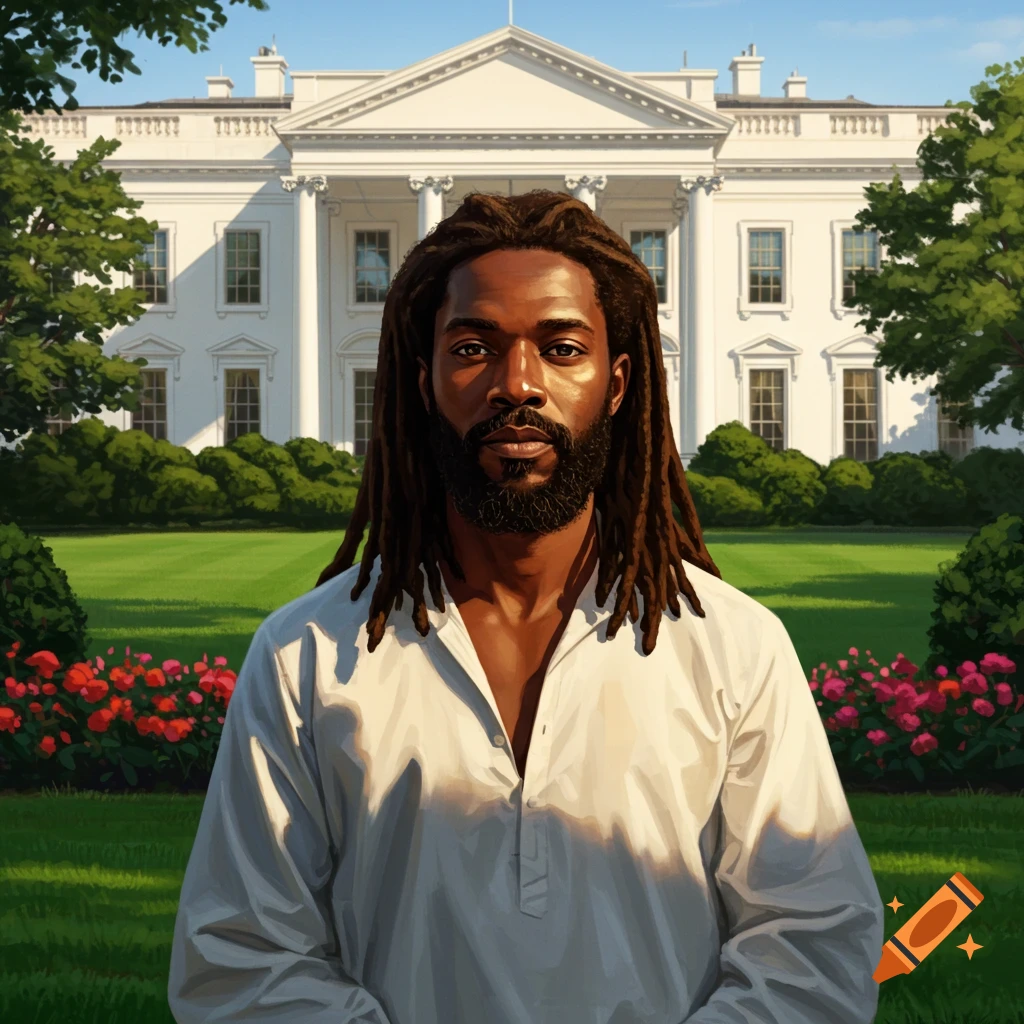 A man with dreadlocks and a beard stands in front of the White House on a sunny day.