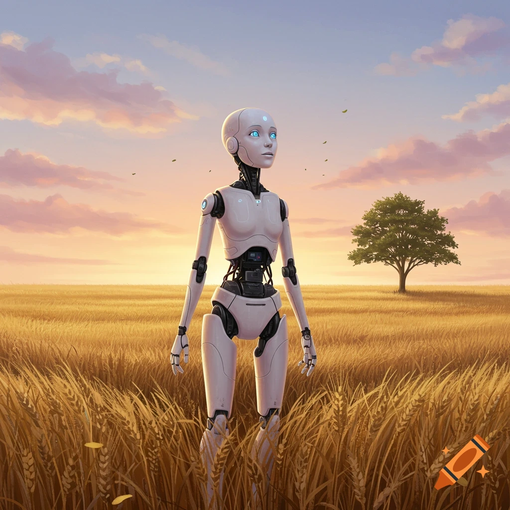A humanoid robot with blue eyes stands in a golden wheat field at sunset, with a single tree in the background.