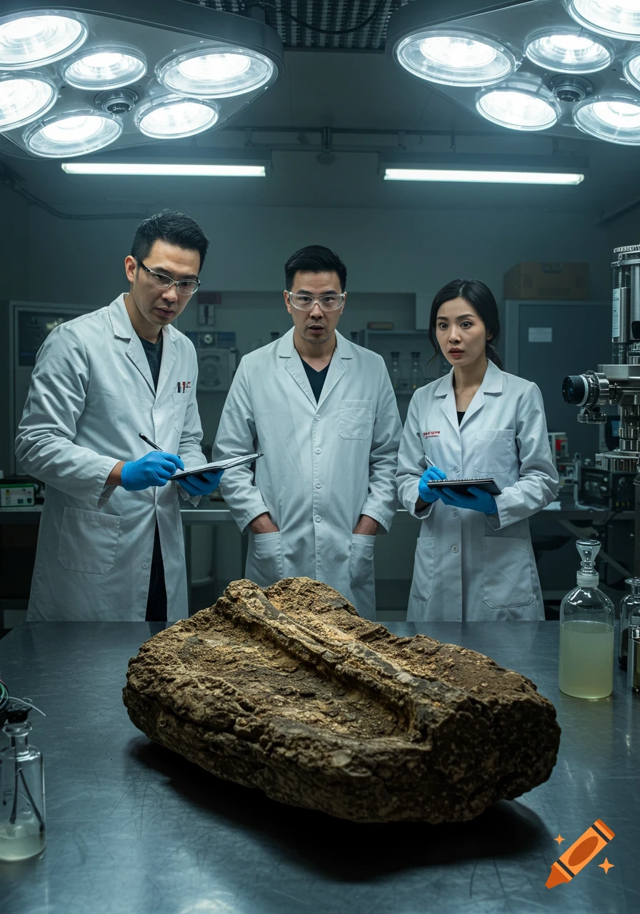 Three scientists in a lab examine a large, rock-like artifact under bright overhead lights, looking surprised.