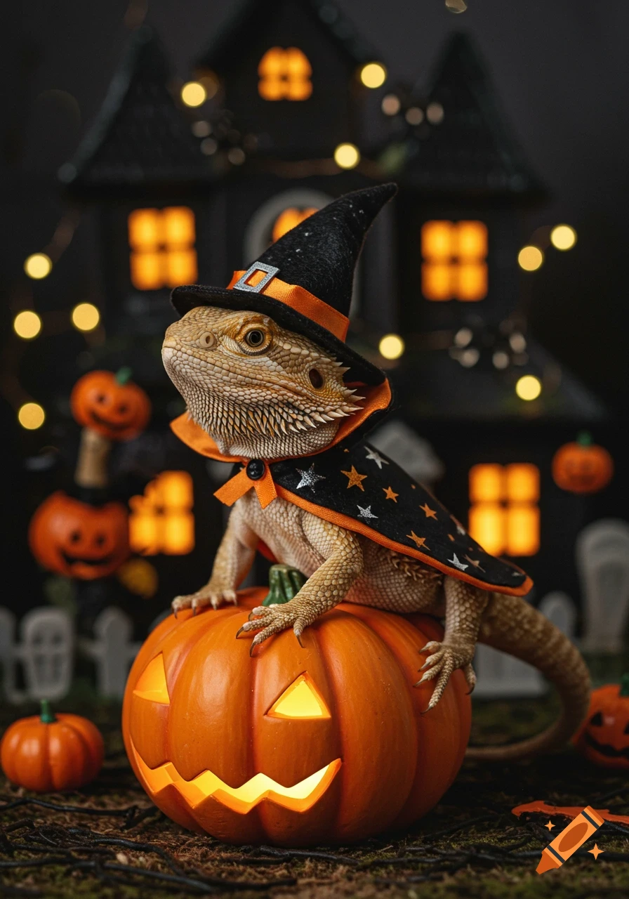 A bearded dragon wearing a witch hat and cape sits on a glowing jack-o'-lantern with a spooky house in the background.