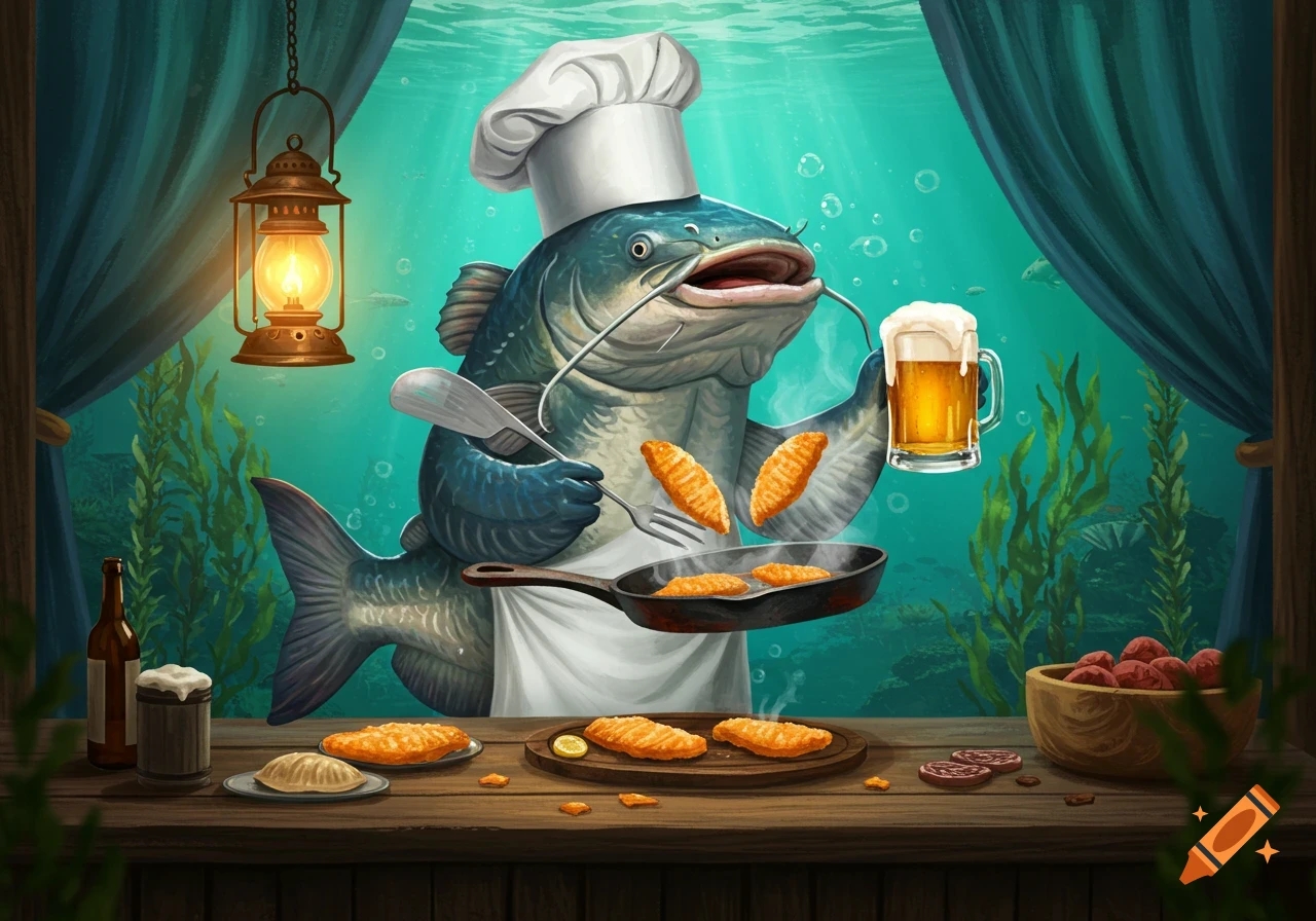 A cartoon catfish chef in a hat and apron fries fish in a pan while holding a mug of beer, underwater on a wooden counter.