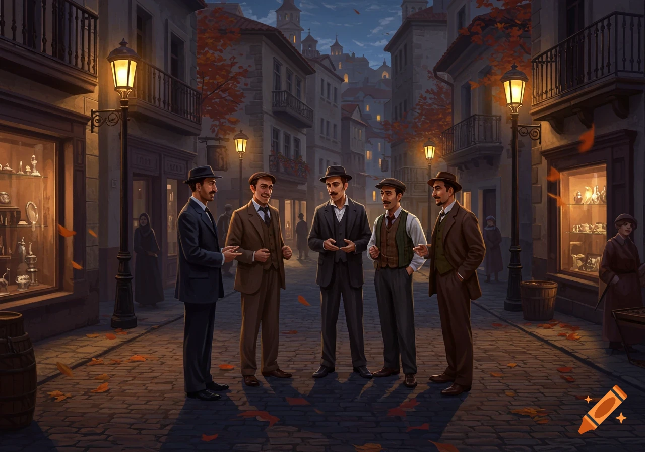 A painted scene of a group of men in period attire talking on a lamplit, cobbled city street with autumn leaves.