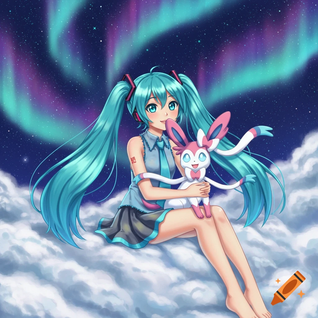 An anime girl with long blue twin tails and headphones, Hatsune Miku, sits on a cloud, holding a pink and white Sylveon. Aurora borealis glows in the starry night sky above.