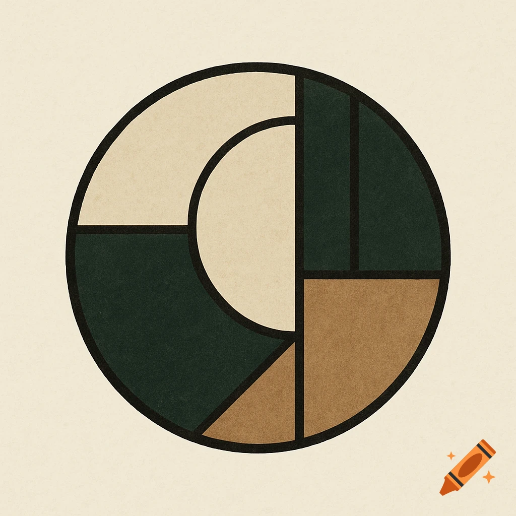 A circular emblem with geometric shapes in cream, dark green, and sepia, outlined in black, on a light textured background.