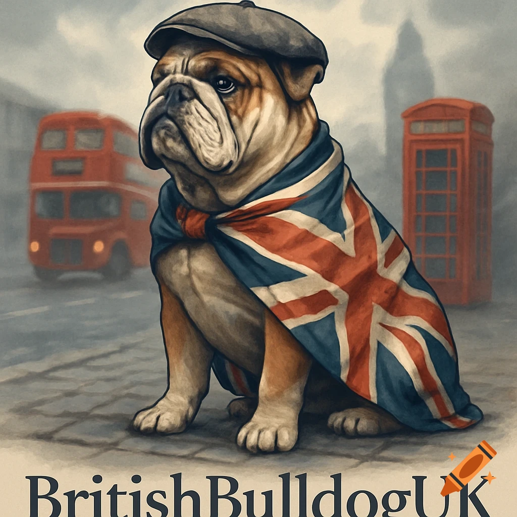 A bulldog wearing a flat cap and wrapped in a Union Jack flag, standing on a London street with iconic British landmarks.