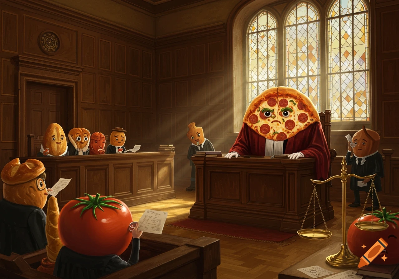 Cartoon image of a pizza slice as a judge in a courtroom with anthropomorphic food characters like tomatoes, bread, and nuts as legal participants.