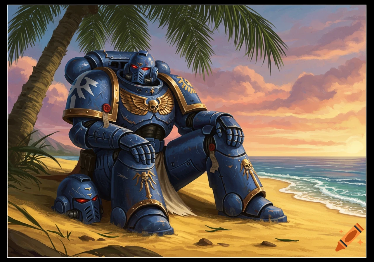 A blue Warhammer Space Marine sits on a sandy beach under a palm tree, with an ocean sunset in the background. Illustrated style.