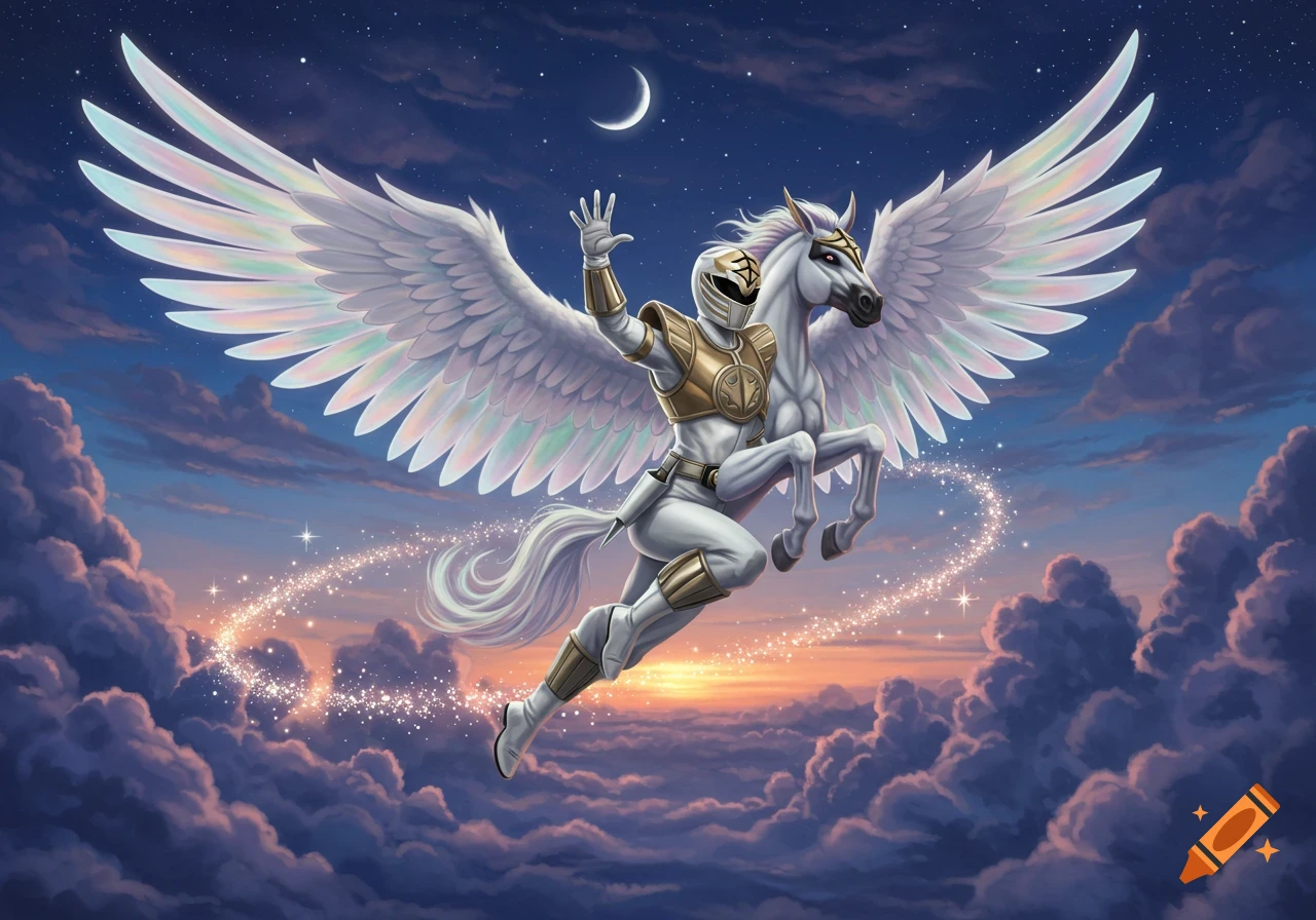 White Power Ranger in gold armor riding a white Pegasus with iridescent wings, flying through a starry night sky with clouds and a crescent moon.